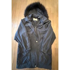 London Fog Black Fur Hood Parka Winter Jacket Women's Size Medium Quilted Lined